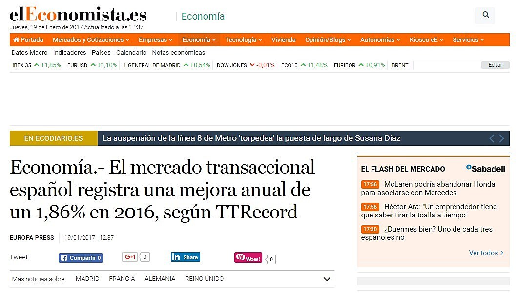 El mercado transaccional espaol registra una mejora anual de un 1,86% en 2016, segn TTRecord